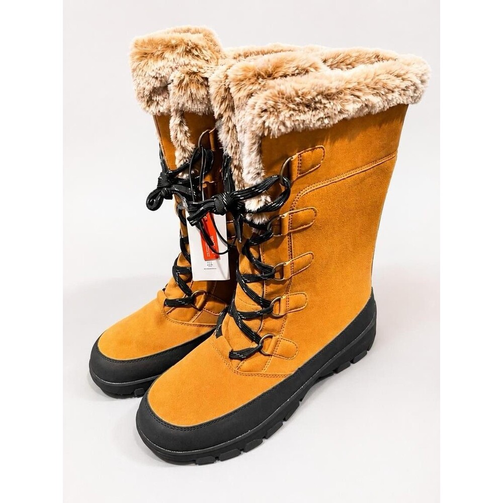 Women's Faux Fur Lined Lace Up Snow Boots Brown/Black Mid-Calf US size 11 NEW
